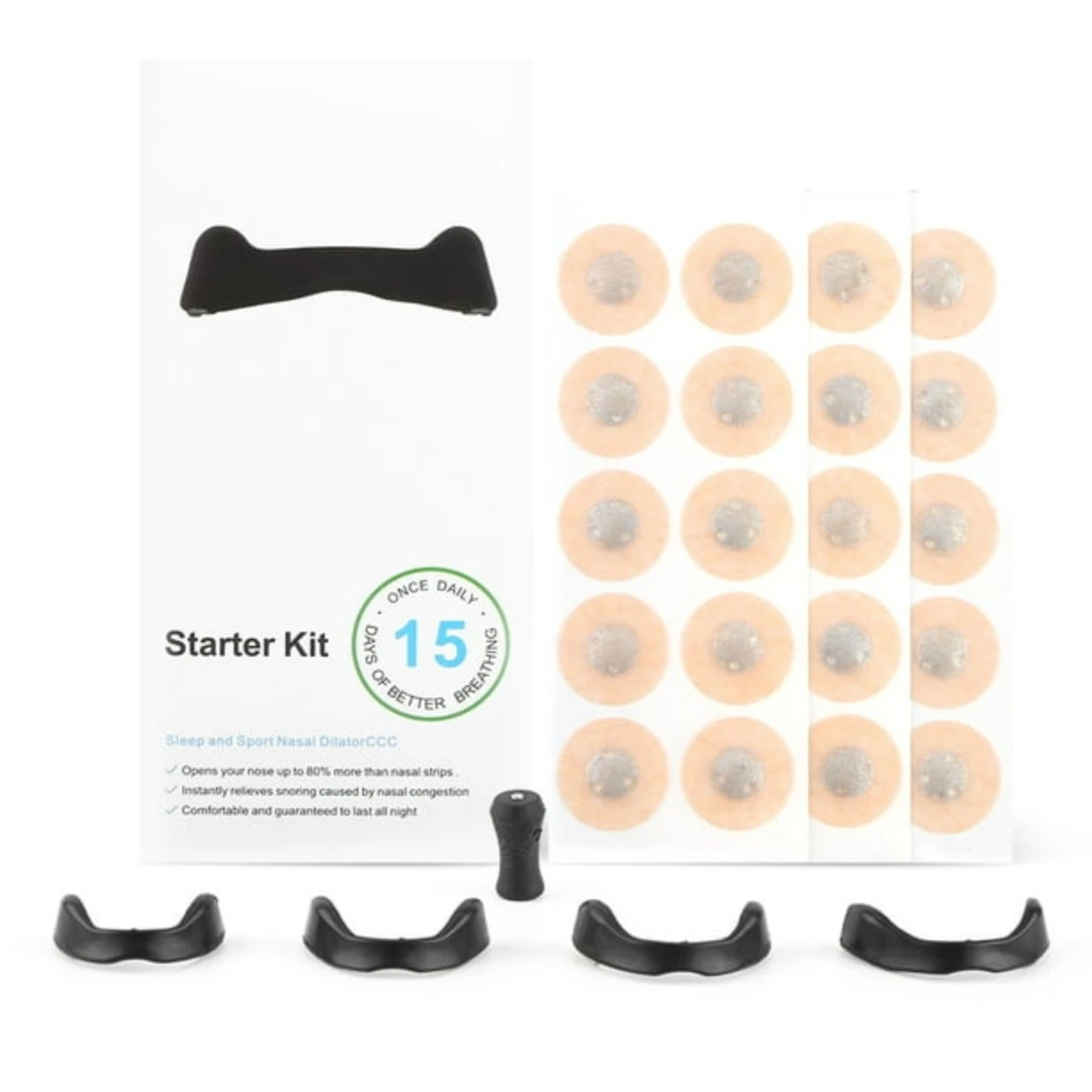 Clip nasal dilatador para respiración, starter kit con 15 parches, mejora sueño y deporte.