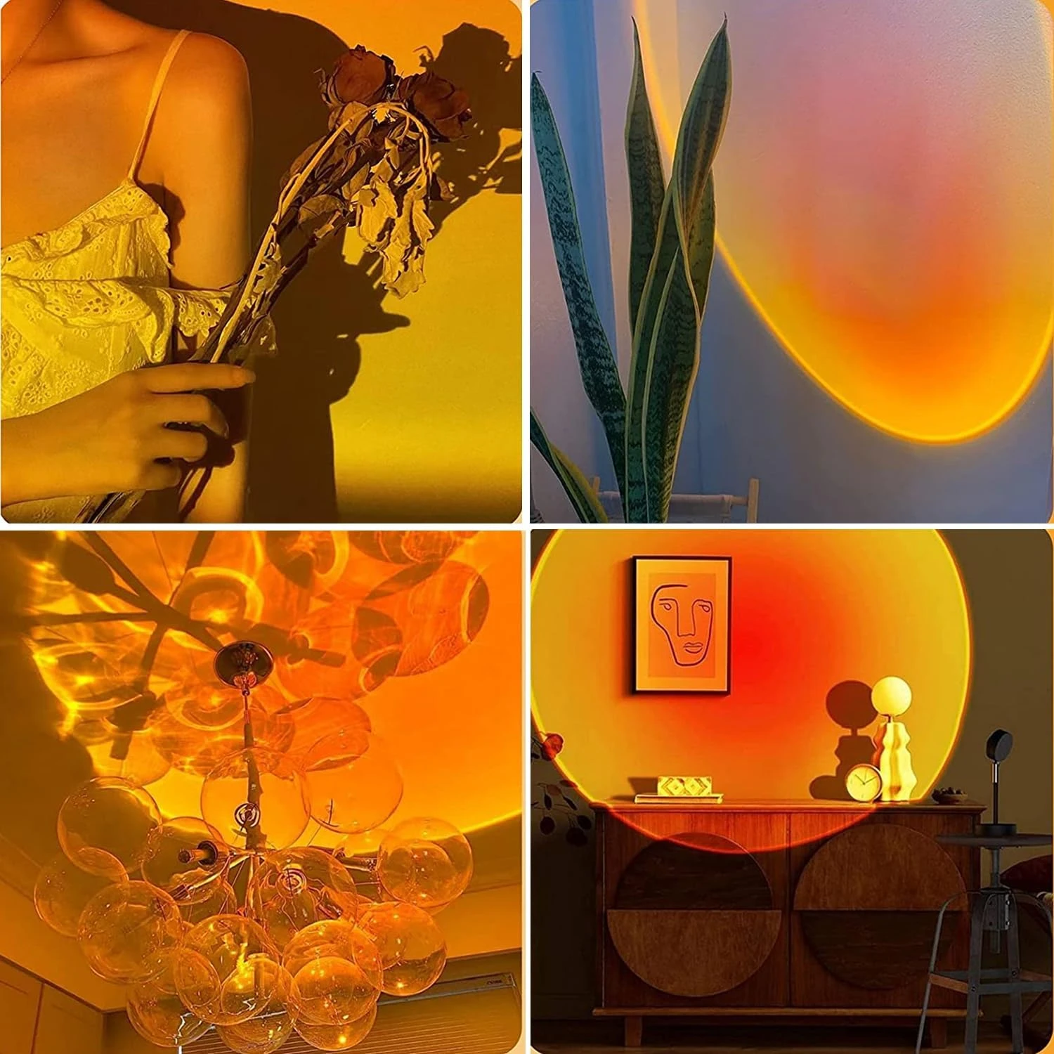 Lámpara efecto atardecer con proyección de luz cálida circular sobre paredes y objetos decorativos en cuatro ambientes distintos de un hogar.