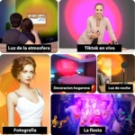 Lampara Tik Tok efecto atardecer con soporte negro, proyectando luz circular colorida para decoración, fotografía, fiestas y ambiente de hogar.