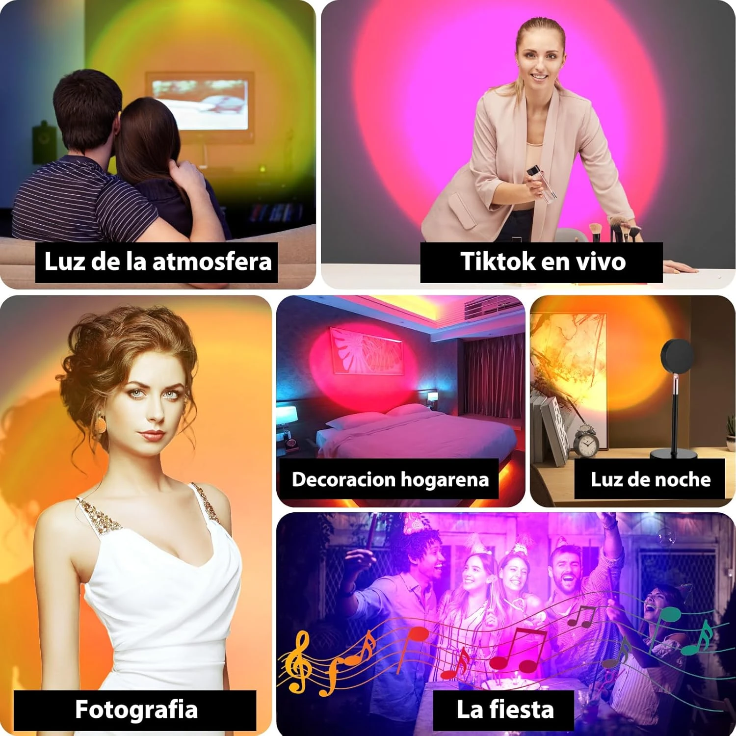 Lampara Tik Tok efecto atardecer con soporte negro, proyectando luz circular colorida para decoración, fotografía, fiestas y ambiente de hogar.