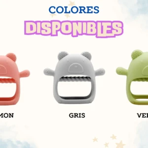 Rasca encías de silicona suave para bebé en forma de oso disponible en salmón, gris y verde.