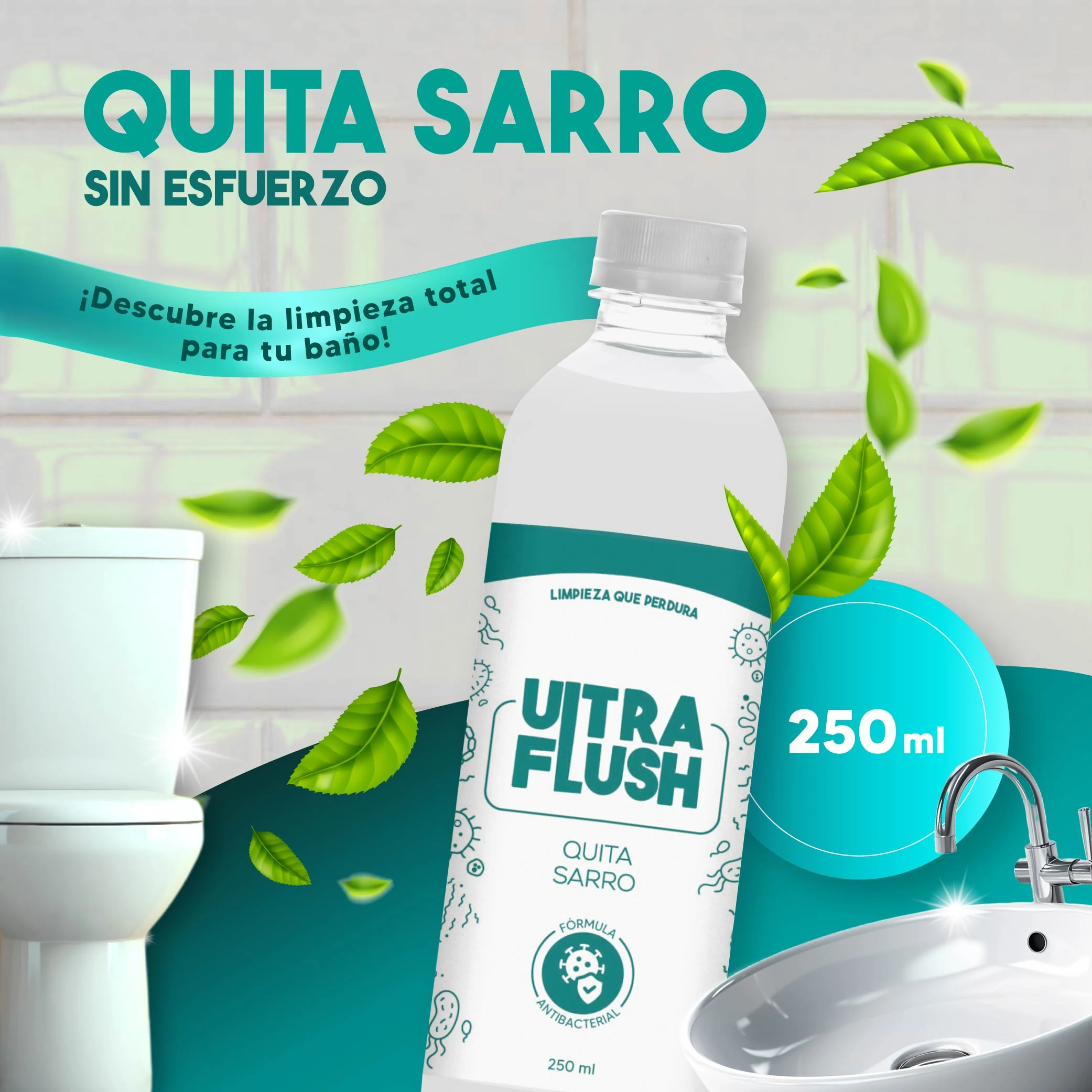 Quita sarro Ultra Flush 250ml antibacterial para baño con taza y lavabo.