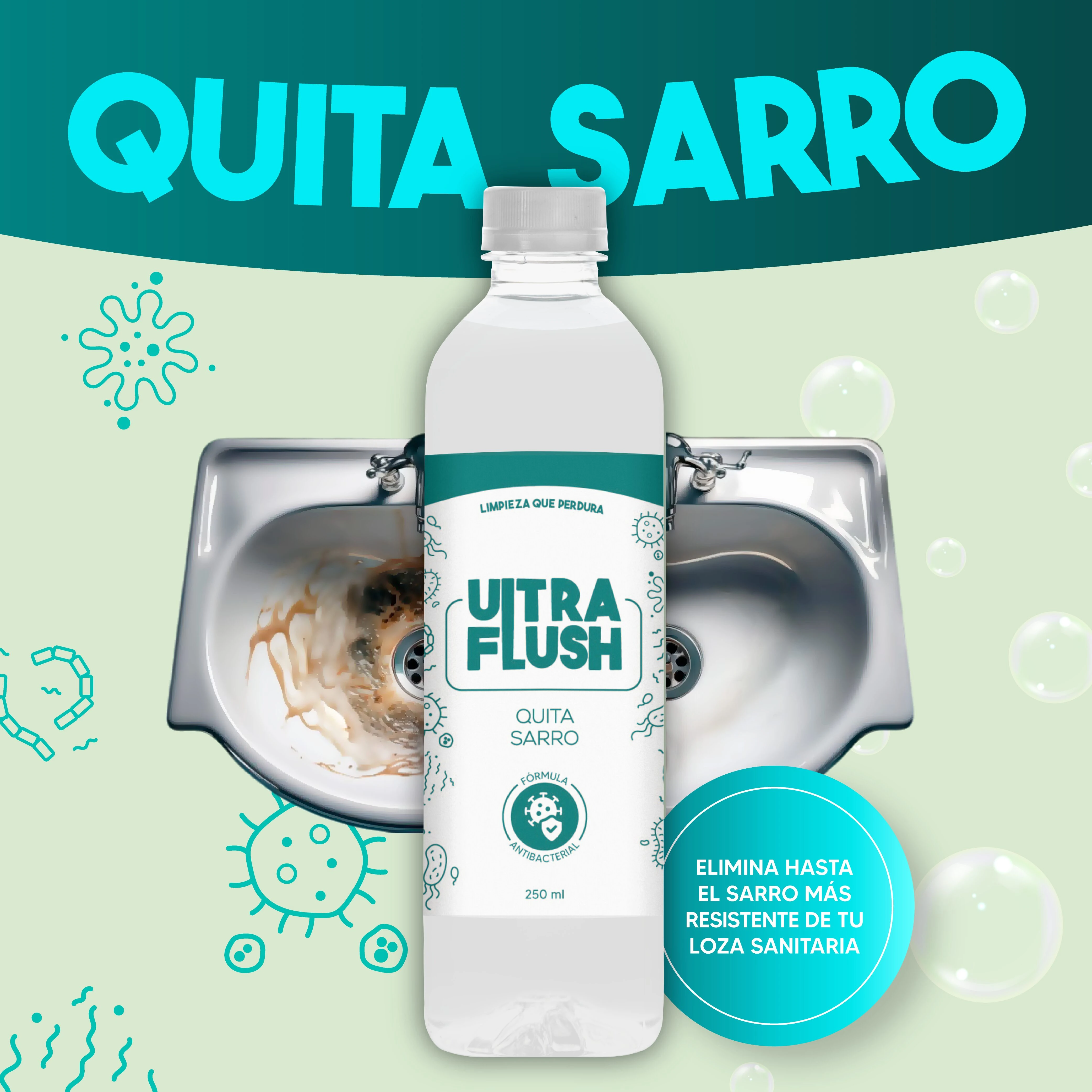 Botella de limpiador Ultra Flush Quita Sarro antibacterial para loza sanitaria, con fregadero sucio al fondo.