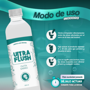 Limpia inodoros Ultra Flush para sarro pesado, presentación 250 ml. Instrucciones de uso en español.
