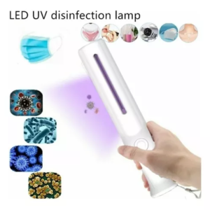 Lámpara UV de mano blanca para desinfección de mascarillas y otros objetos.