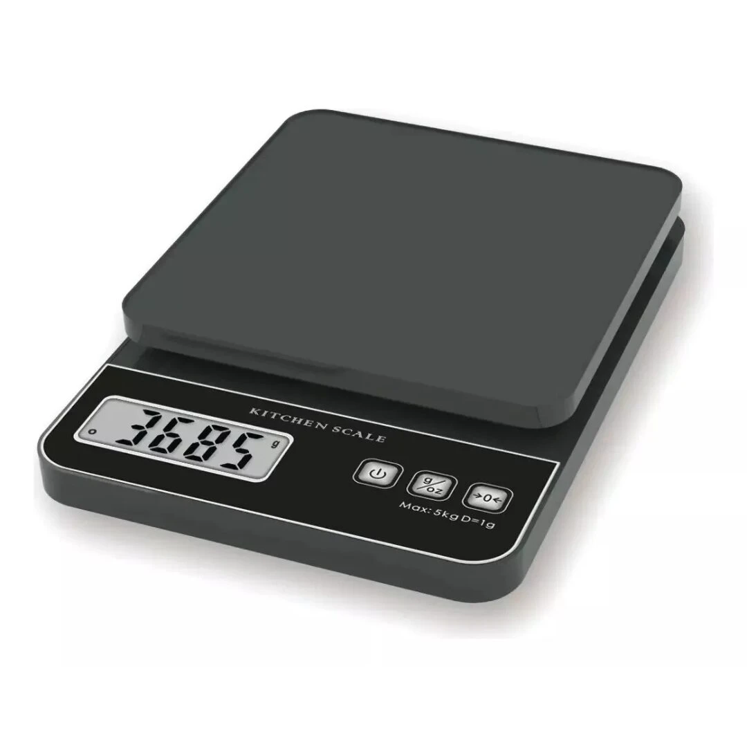 Gramera digital negra moderna para cocina mostrando 36.85 gramos, capacidad Max 5kg, precisión 1g.