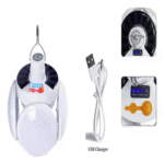 Lámpara solar portátil de 4 bombillos, blanca, con gancho, panel solar y cargador USB incluido.
