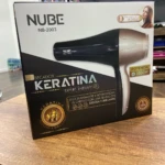 Secador de cabello Nube NB-2003, negro y plateado, 3000W, con tecnología de keratina para cabello sedoso y brillante.