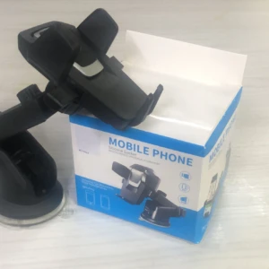 Soporte universal negro para celular con base de ventosa, ideal para coche.