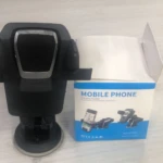 Soporte universal para celular, negro, con ventosa y caja de embalaje.