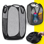 Cesta de malla negra plegable para ropa, con compartimentos laterales, ideal para lavandería.