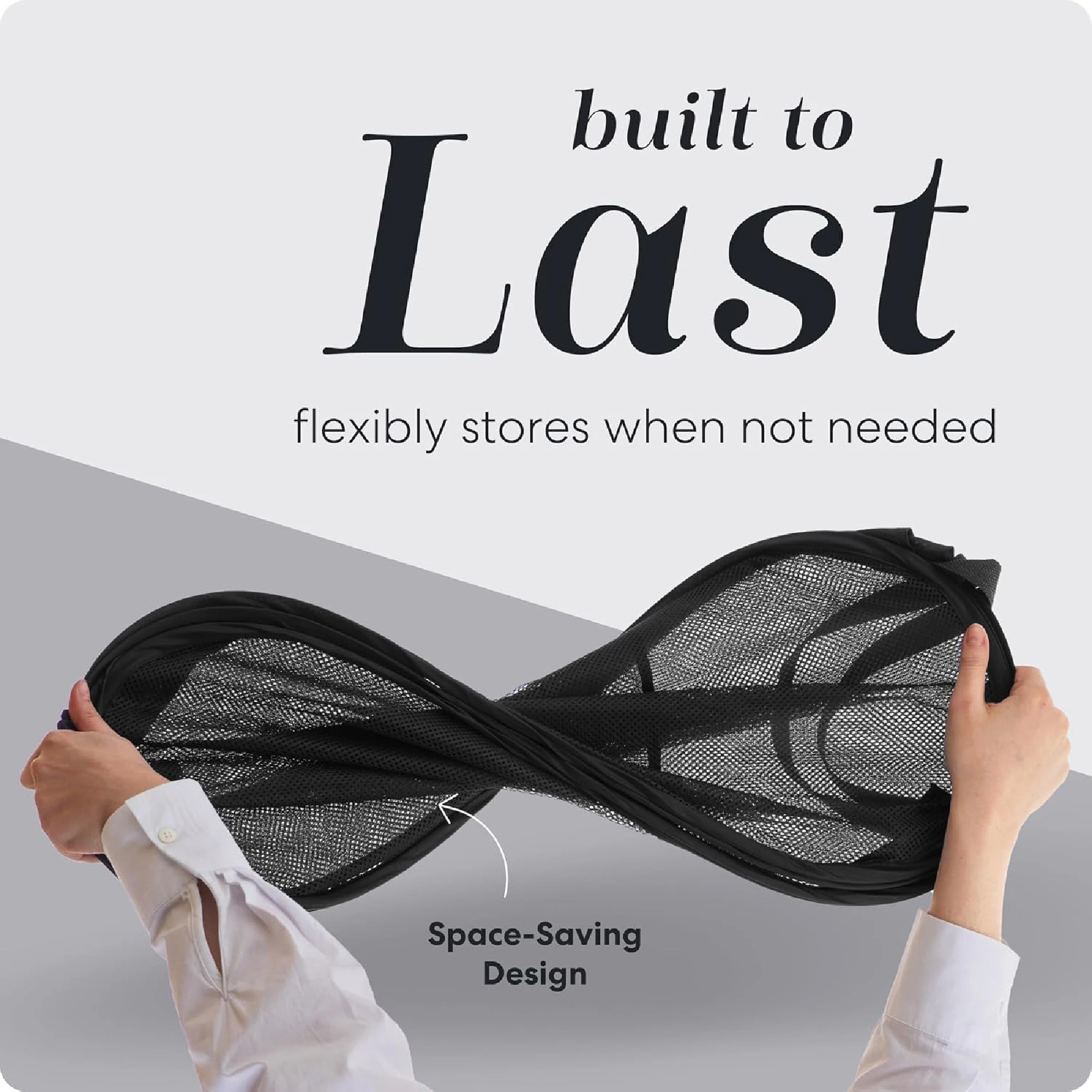 Cesta de malla negra plegable, ideal para ahorrar espacio.