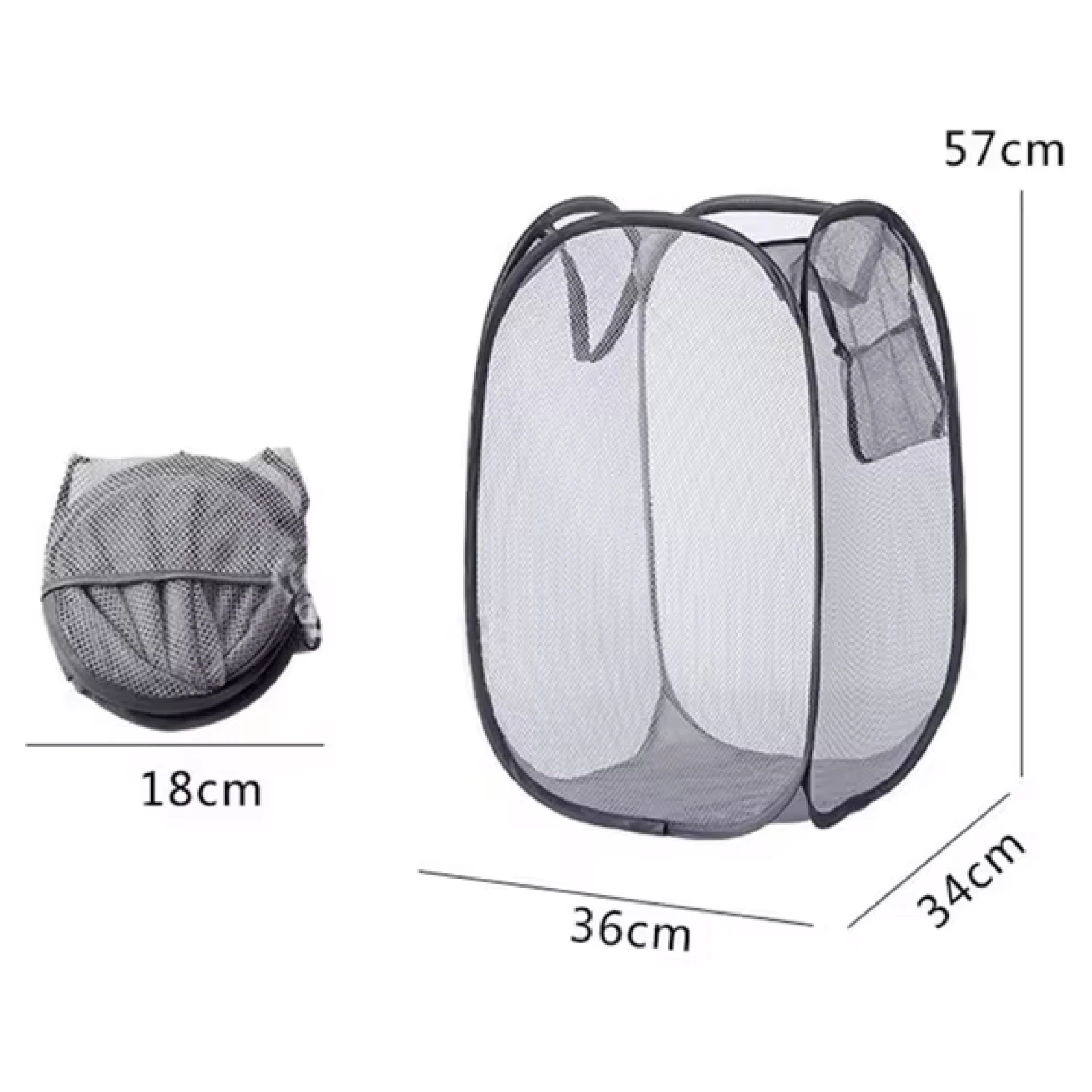 Cesta plegable de malla gris para ropa sucia, desplegada con medidas 36x34x57cm y plegada 18cm.