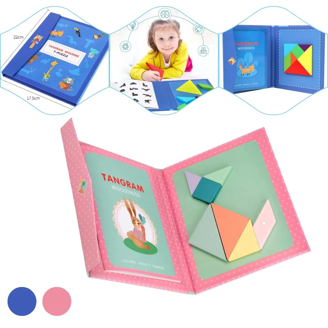 Tangram magnético de madera en estuche tipo libro azul (22x17.5cm) con piezas formando una figura animal.