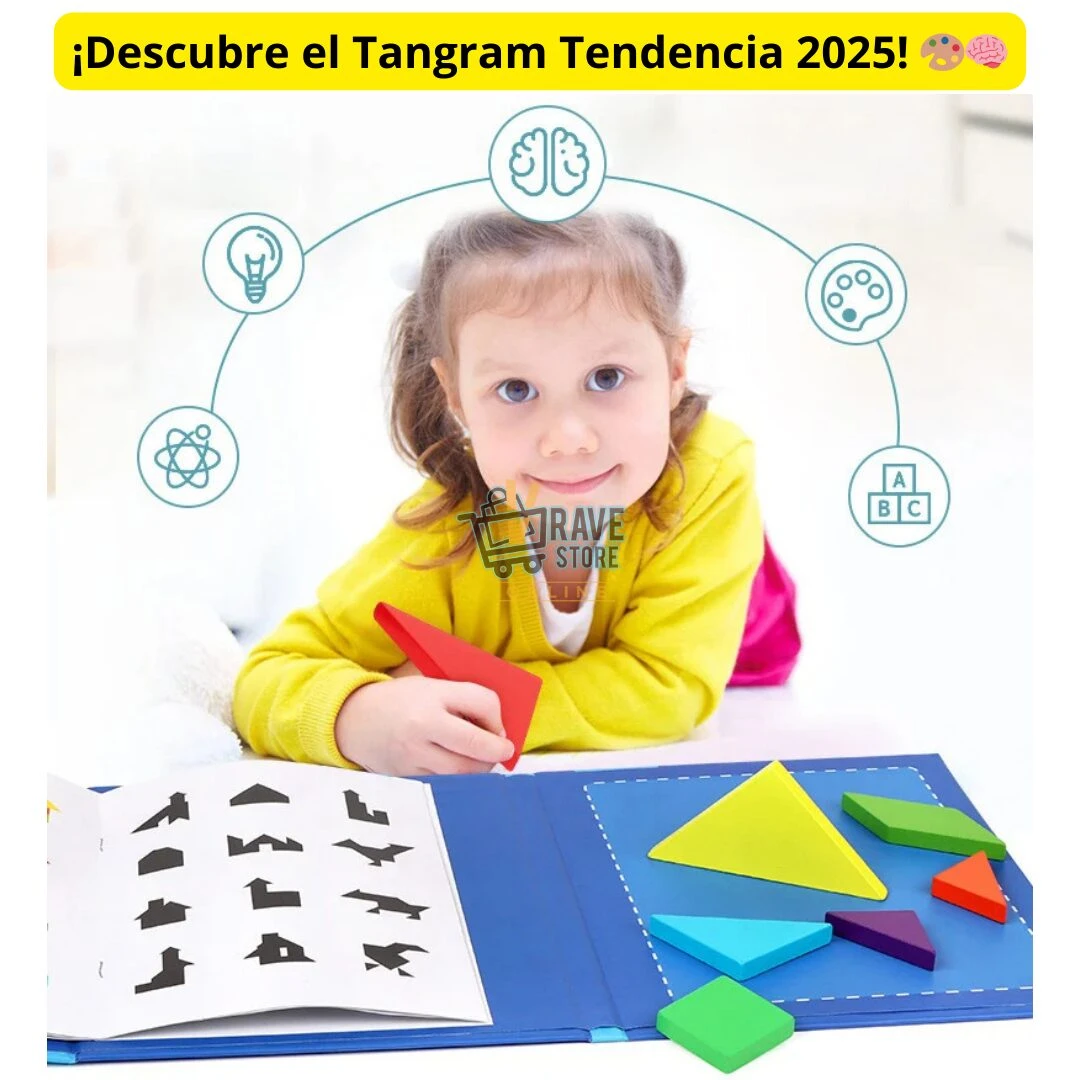 Niña sonriente juega con Tangram magnético en estuche azul, formando figuras con piezas de colores y consultando plantillas.