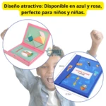 Tangram magnético de viaje en estuche tipo libro azul de 22x17.5cm, mostrando piezas geométricas y texto en español.