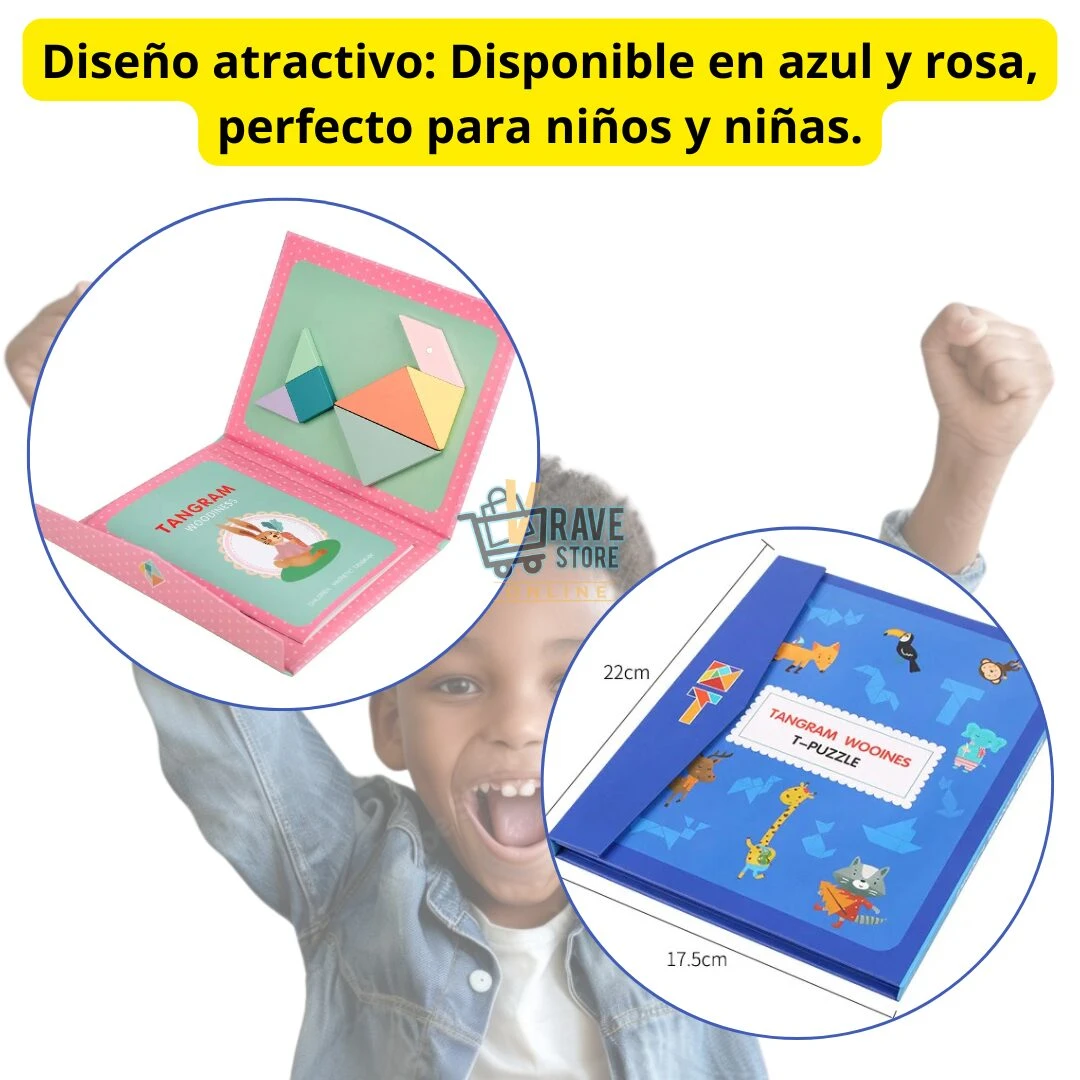 Tangram magnético de viaje en estuche tipo libro azul de 22x17.5cm, mostrando piezas geométricas y texto en español.