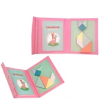 Tangram magnético en estuche tipo libro rosa con puntos, mostrando fichas de colores formando figuras de animales.