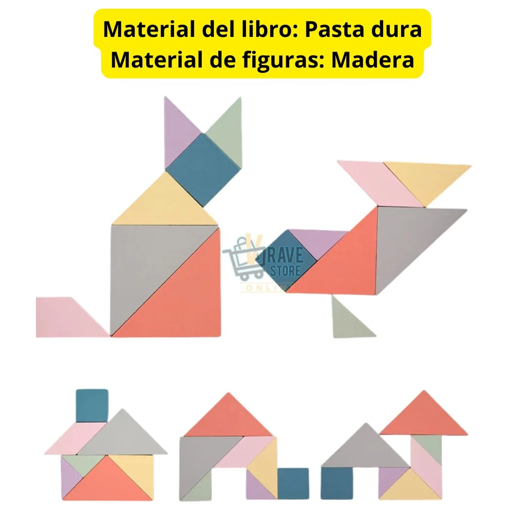 Tangram magnético de madera con figuras de gato, pájaro y varias casas, presentado en tonos pastel y gris.