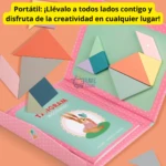 Tangram magnético de madera portátil abierto, mostrando piezas geométricas de colores armando figuras sobre un tablero rosa con guía de conejo.