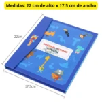 Tangram magnético en estuche tipo libro azul de 22x17.5 cm con figuras de animales y texto "TANGRAM WOOINES".