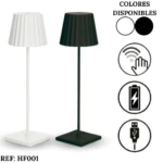 Lámpara LED recargable HF001 de diseño moderno con pantalla plisada, disponible en blanco o negro, incluye iconos de control táctil y carga USB.