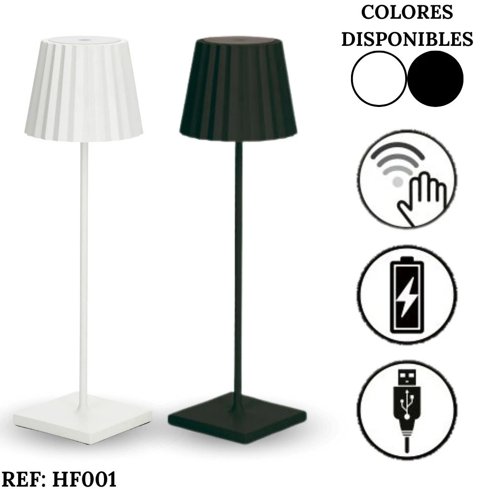 Lámpara LED recargable HF001 de diseño moderno con pantalla plisada, disponible en blanco o negro, incluye iconos de control táctil y carga USB.