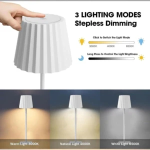 Lámpara LED blanca con pantalla plisada. Muestra ajuste táctil de tres modos de luz: cálida 3000K, natural 4000K y blanca 6500K con brillo regulable.