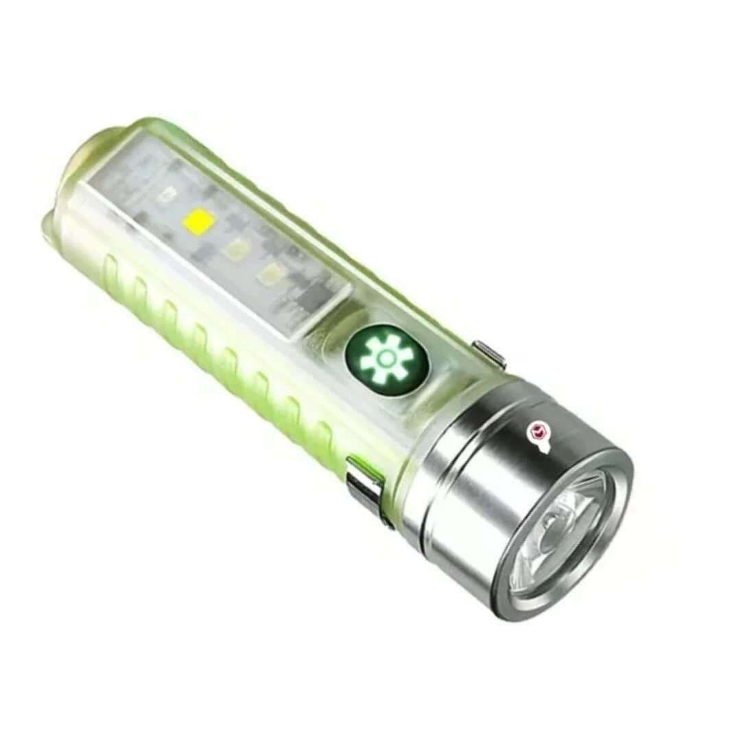 Linterna táctica pequeña 520C cuerpo translúcido verde neón con LED frontal y botón lateral iluminado.