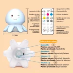Lámpara musical tipo medusa F8 de 12 cm de alto y ancho, incluye control remoto con funciones de luz y sonido, y botones táctiles en la base inferior.