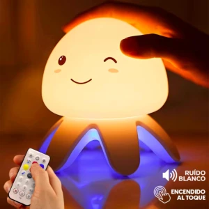 Lámpara infantil de silicona con forma de medusa iluminada, control remoto con botones de color y función de ruido blanco, activable mediante contacto físico.