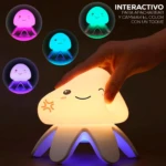 Lámpara de noche tipo medusa de silicona suave, con diseño interactivo que cambia de color al tacto y se muestra en múltiples tonos, siendo presionada.