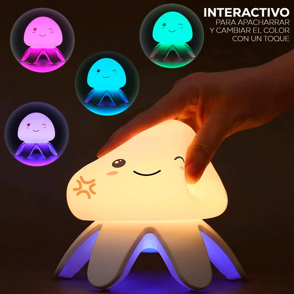 Lámpara de noche tipo medusa de silicona suave, con diseño interactivo que cambia de color al tacto y se muestra en múltiples tonos, siendo presionada.