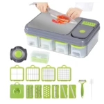 Picador de verduras 28 en 1 gris y verde con accesorios de corte, pelador y cepillo.