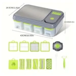 Picador de verduras mandolina 28 en 1 con múltiples cuchillas, recipientes y pelador, gris y verde.