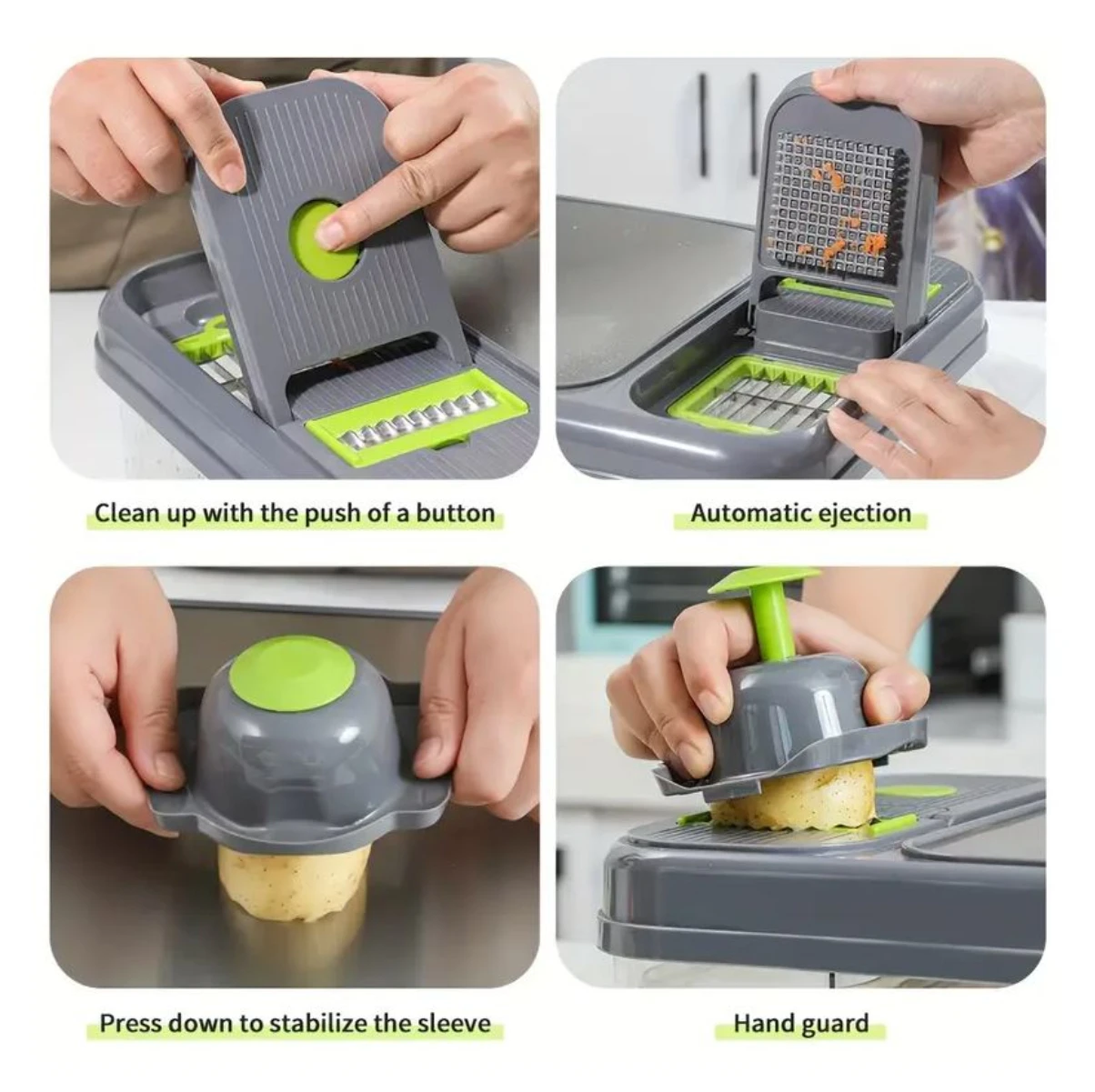 Picador de verduras mandolina 28 en 1 gris, mostrando limpieza automática, eyección automática, estabilización y guardamanos.