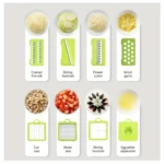 Picador mandolina 28 en 1: cortador, rallador, separador de huevo y más, con accesorios verdes.