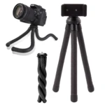 Trípode flexible negro para celular y cámara Canon EOS, con tres patas ajustables y un trípode torcido adicional.