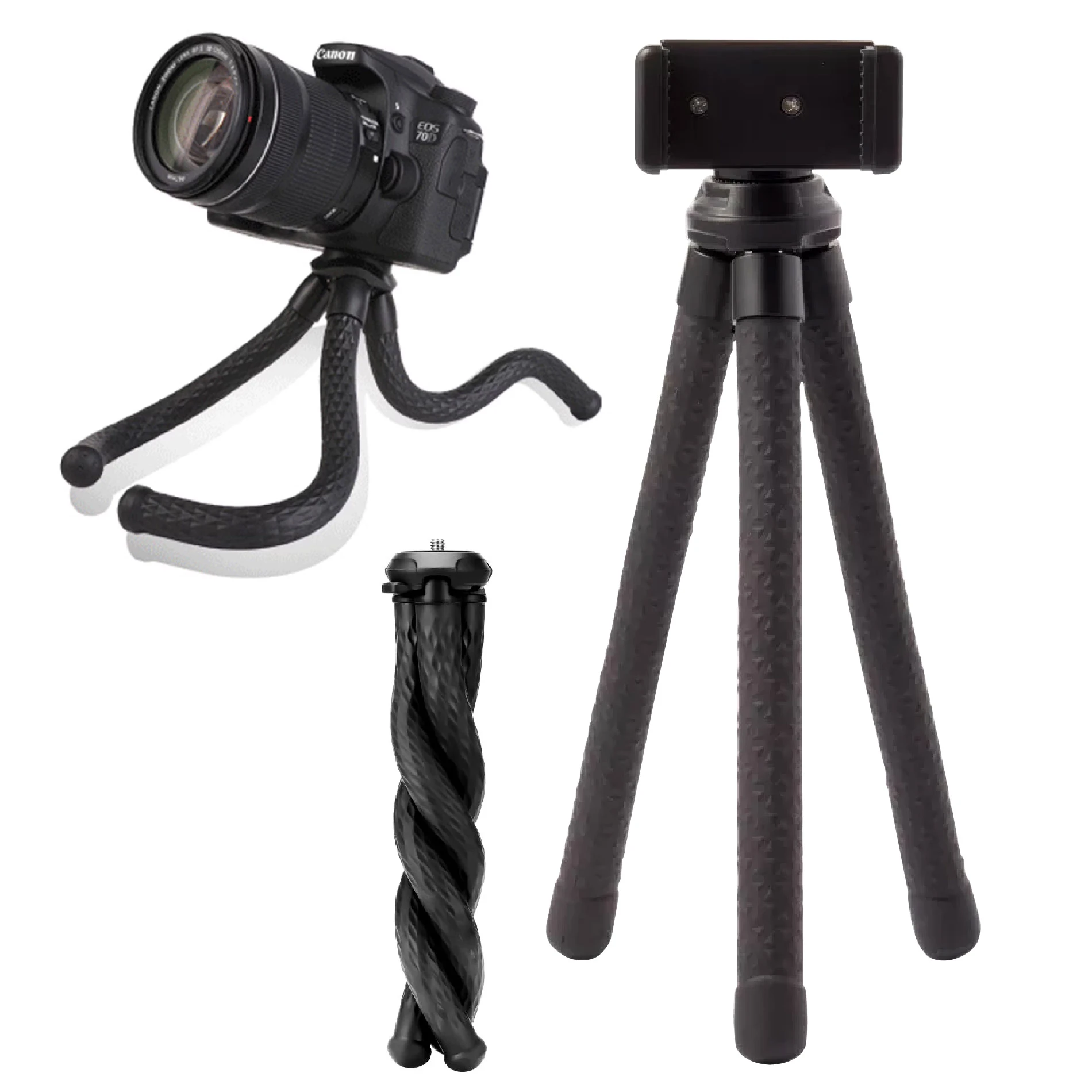 Trípode flexible negro para celular y cámara Canon EOS, con tres patas ajustables y un trípode torcido adicional.