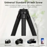Trípode flexible negro con tornillo universal 1/4, compatible con cámaras y celulares.