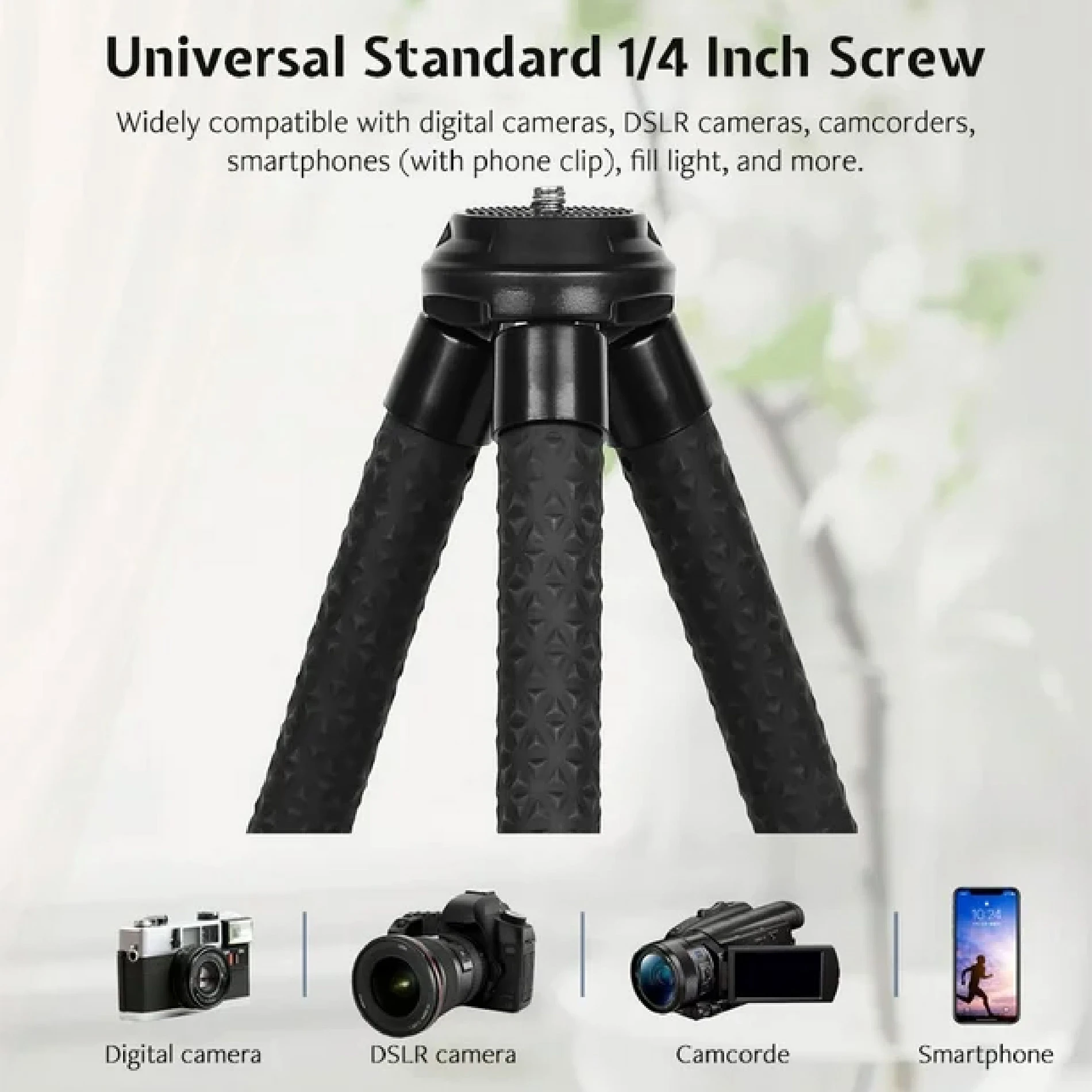 Trípode flexible negro con tornillo universal 1/4, compatible con cámaras y celulares.