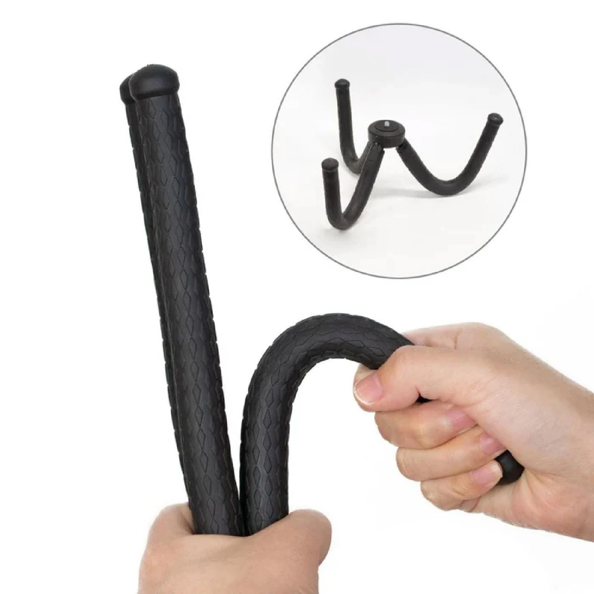Trípode flexible negro para celular o cámara, con brazos articulados y textura antideslizante.
