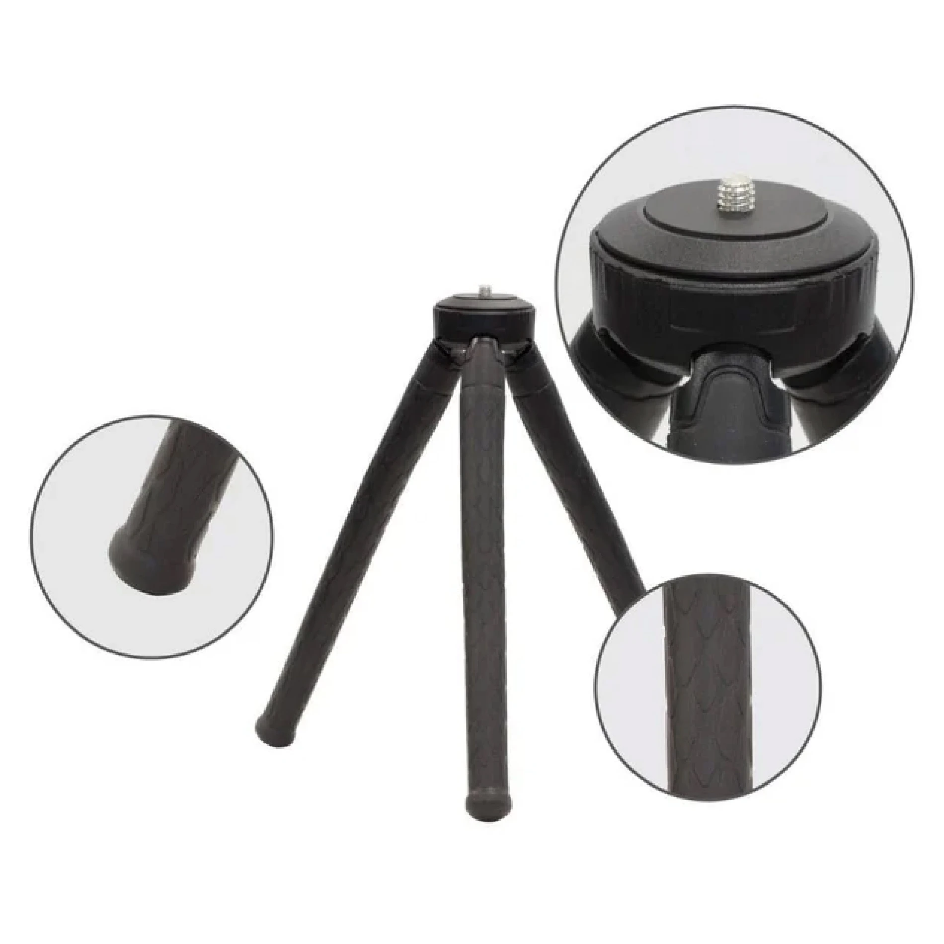 Trípode flexible negro para celular y cámara, con patas texturizadas y tornillo de montaje.