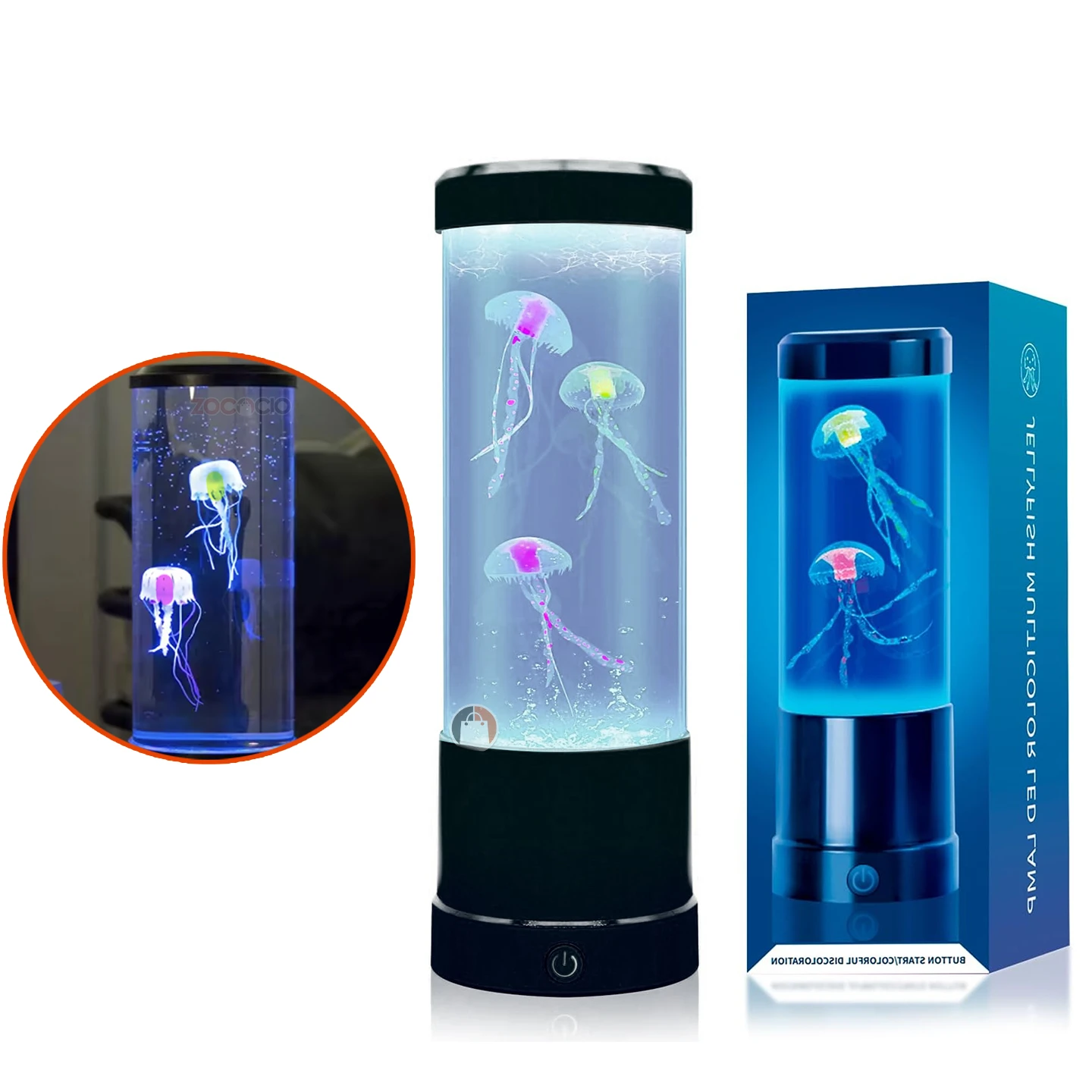 Lámpara LED cilíndrica con tres medusas artificiales que flotan en su interior, incluye base negra con botón de encendido y caja de empaque azul.