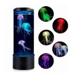 Lámpara cilíndrica de medusas artificiales con iluminación LED RGB, incluye múltiples colores variables mostrados en círculos laterales para decoración.