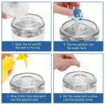 Instrucciones en cuatro pasos para configurar una lámpara LED de medusas: llenar el tanque con agua, insertar la figura, agregar jabón y sumergirla.