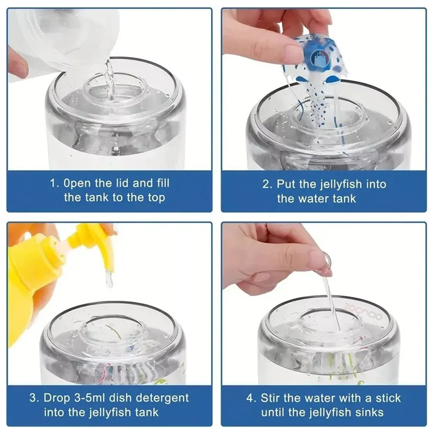 Instrucciones en cuatro pasos para configurar una lámpara LED de medusas: llenar el tanque con agua, insertar la figura, agregar jabón y sumergirla.