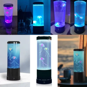 Lámpara cilíndrica de medusas artificiales con luz LED RGB, diseño vertical moderno con base negra, ideal como elemento decorativo relajante para el hogar.