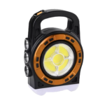 Linterna recargable portátil negra y naranja con luz COB frontal y tres LEDs laterales.