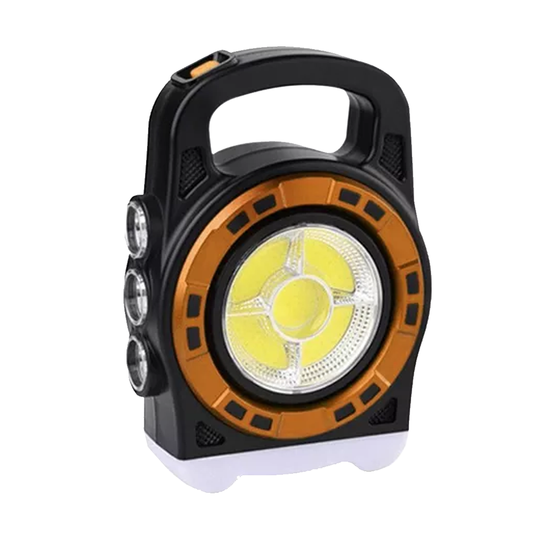 Linterna recargable portátil negra y naranja con luz COB frontal y tres LEDs laterales.